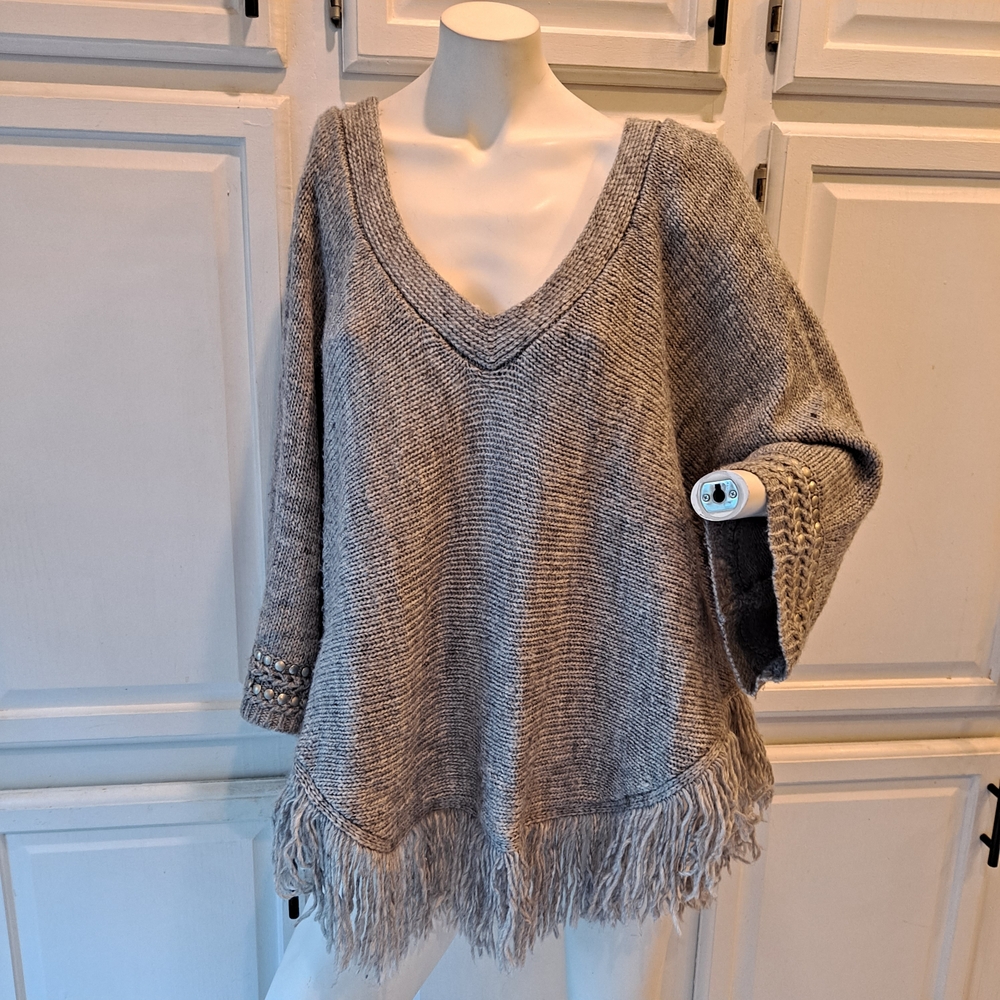 Le Vain Gray V-Neck Sweater Poncho with Fringe and Metal Disc Accents